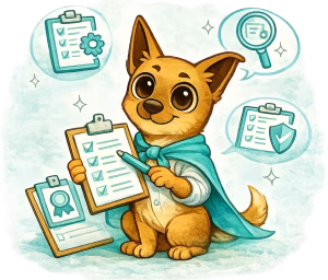 Hund Friedo mit einer Checkliste der Leistungen zum Thema KI