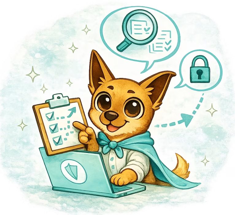 Hund Friedo mit einem Laptop und einem Startcheck für KI in seinem Unternehmen