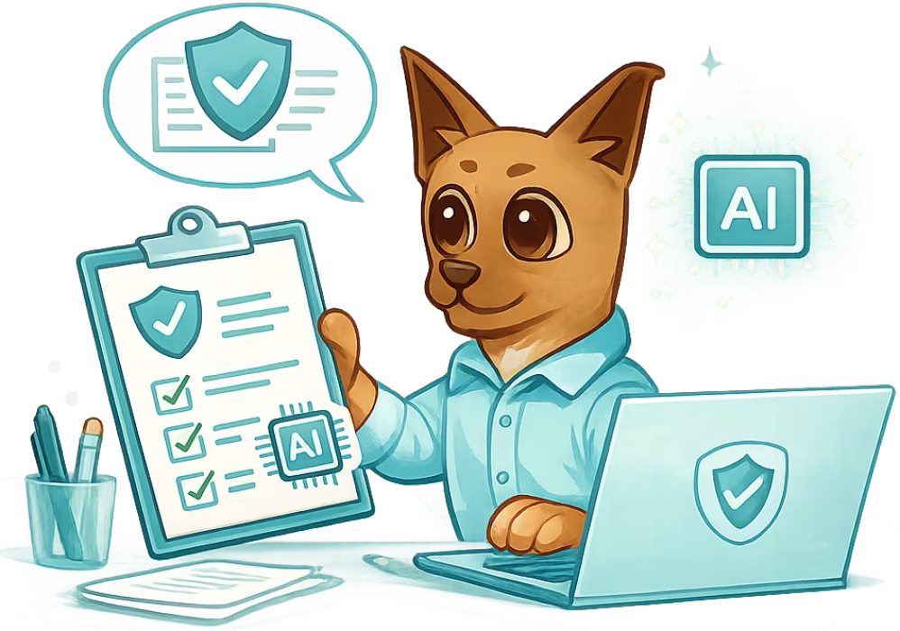 Hund Friedo mit einem Laptop, Checkliste und KI Kompetenz