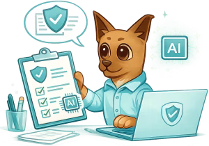 Hund Friedo mit einem Laptop, Checkliste und KI Kompetenz