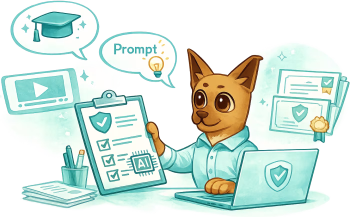 Hund Friedo mit einem Laptop, Zertifikat und KI-Lösungen