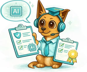 Hund Friedo mit einer Checkliste und einem Abschlusszertifikat, da er KI-Kompetenzen erworben hat