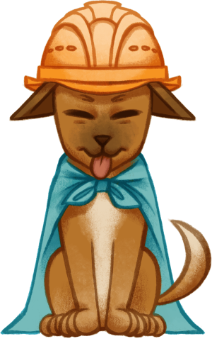 Hund Friedo mit einem Bauhelm