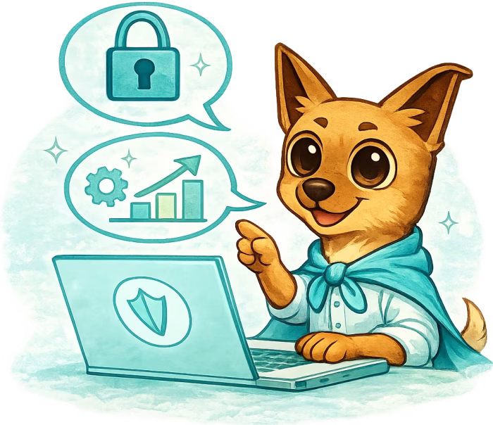 Hund Friedo mit einem Laptop und verbesserten Prozessen, die 