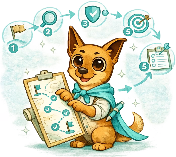 Hund Friedo mit einem erfolgreichen KI-Fahrplan