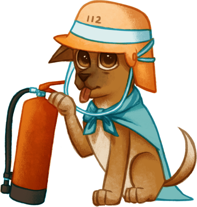 Hund Friedo mit einem Helm und einem Feuerlöscher