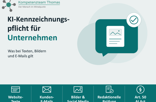 KI-Kennzeichnungspflicht für Unternehmen mit Hinweisen zu Texten, E-Mails, Bildern, redaktioneller Prüfung und Art. 50 AI Act